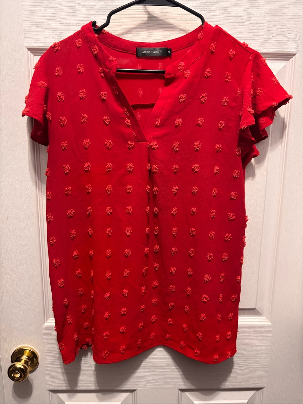 Red Embellished Flutter Sleeve Blouse